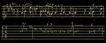 A handwritten blues lick in standard notation and tablature