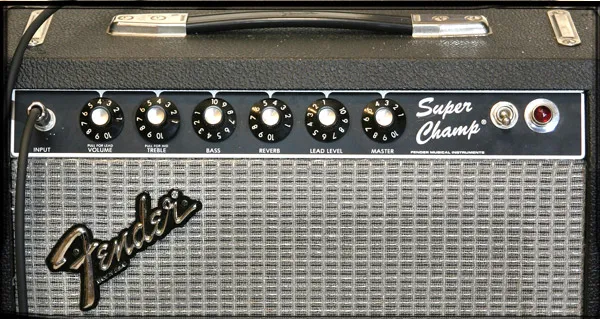 Control panel of a black Fender Super Champ amplifier